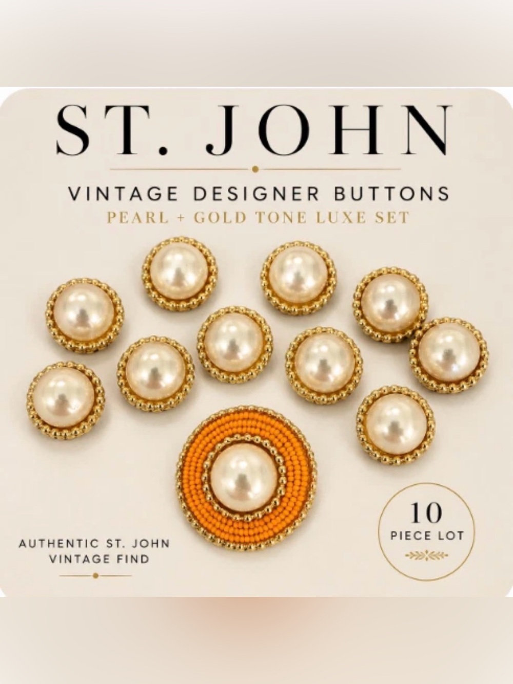 St. John Pearl & Gold Tone Buttons with Orange Bead Accent